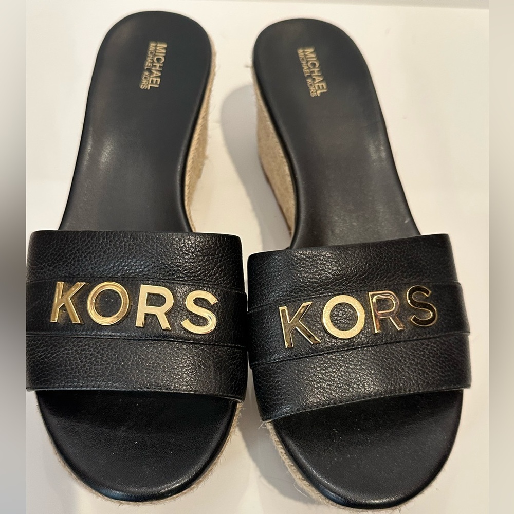 Michael Kors Brady black leather platform wedge espadrille slides